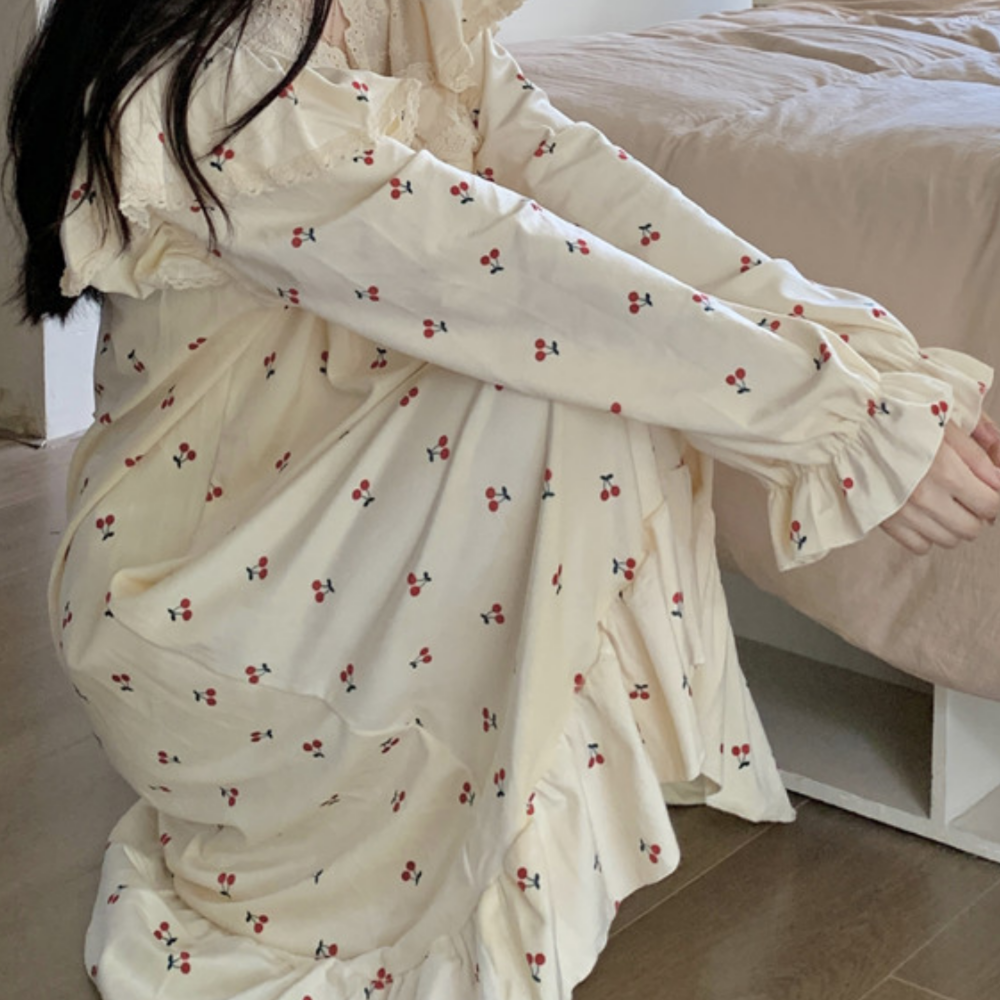 수면잠옷 기모잠옷 겨울파자마 체리 홈웨어 원피스 세트 - 상세 이미지 4