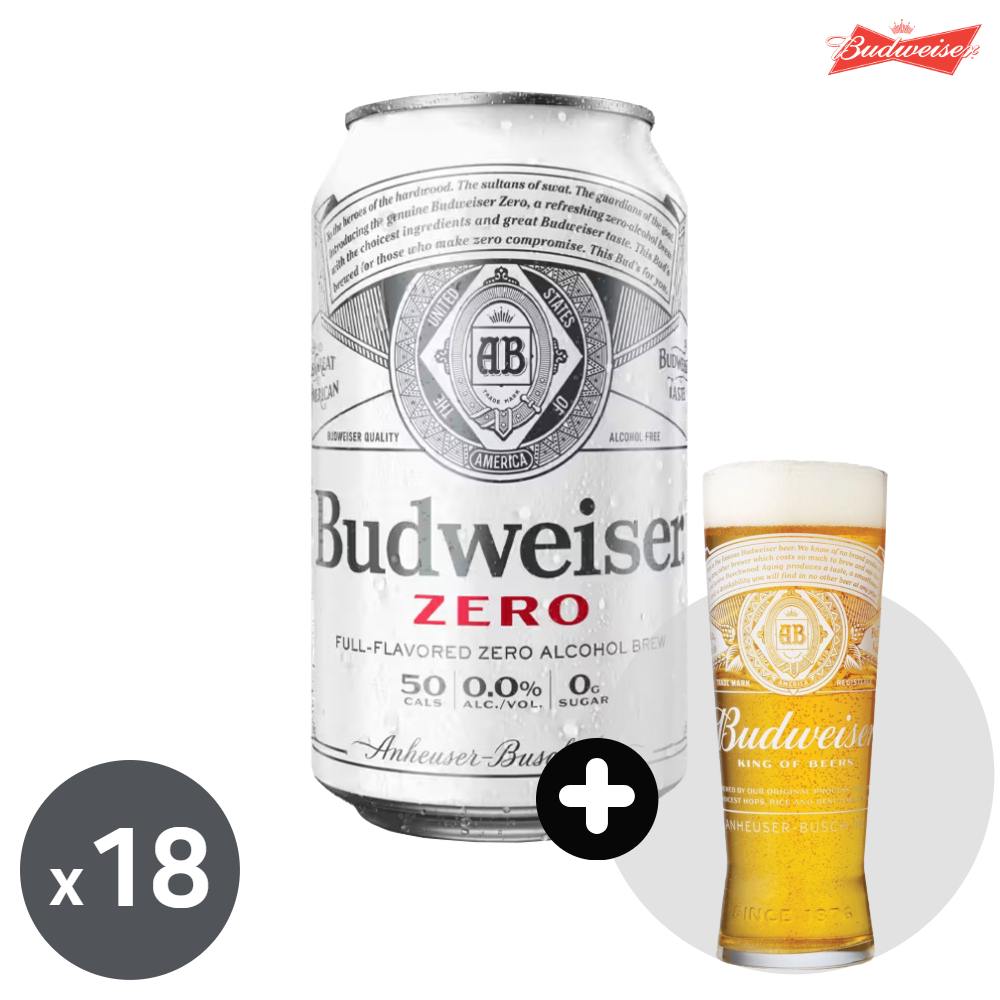 버드와이저0.0 제로 330ml 18캔+전용잔 1개 무알콜 맥주맛 논알콜 음료 비알콜 - 상품 이미지