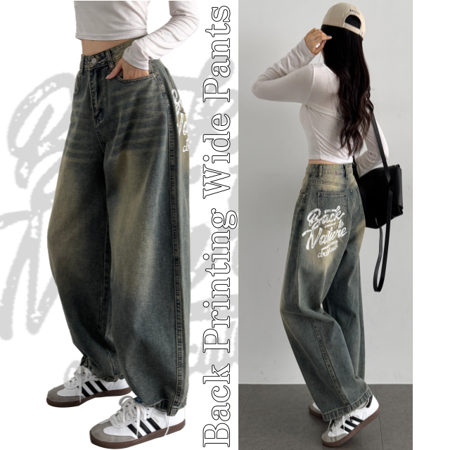 여성 사계절 롱팬츠 밑단스트링 백프린팅 하이웨스트 힙무드 와이드 캣워싱 데님 팬츠 - 상세 이미지 4