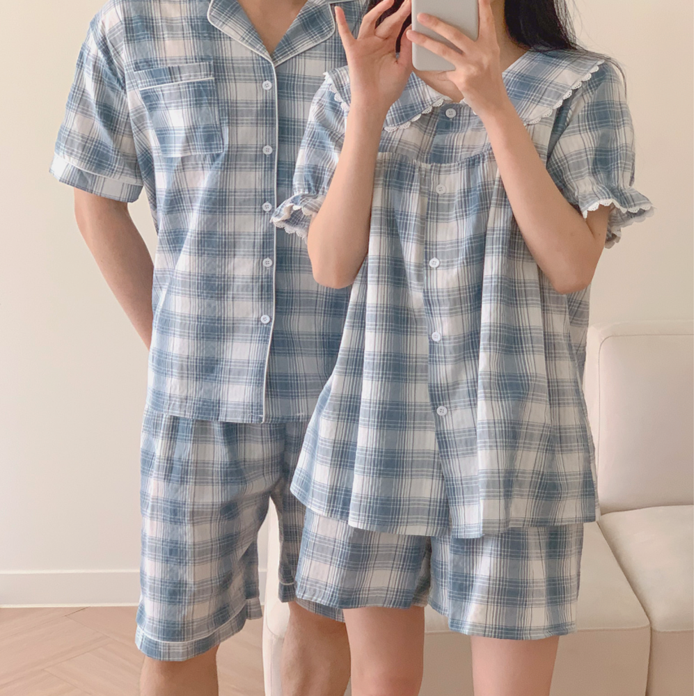 B급상품 커플파자마 여름잠옷 반팔 블루 레이스 남자 홈웨어 세트 이미지 7