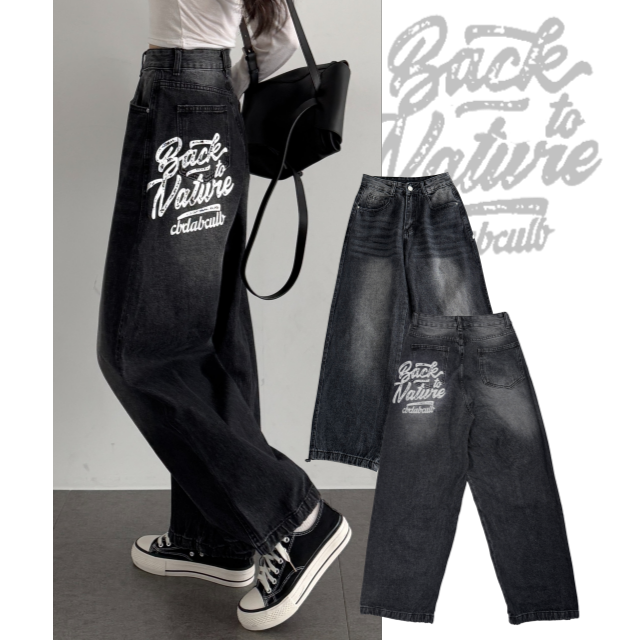 여성 사계절 롱팬츠 밑단스트링 백프린팅 하이웨스트 힙무드 와이드 캣워싱 데님 팬츠 - 상세 이미지 2