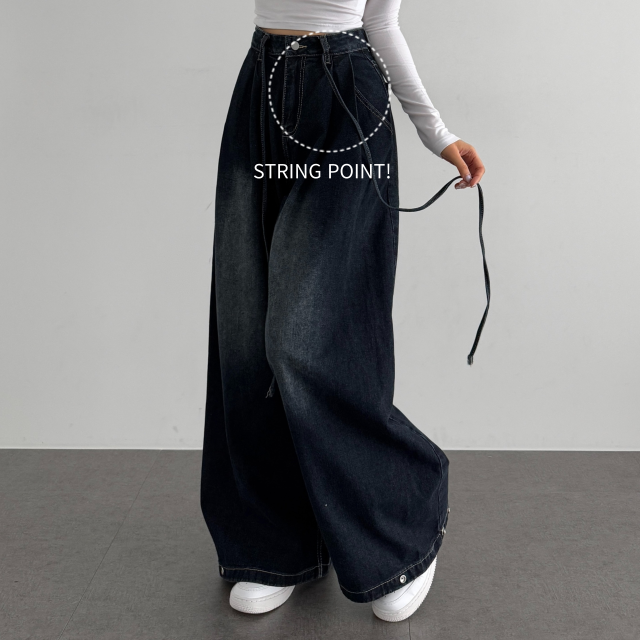 스냅버튼 스트링 유니크 힙 하이웨스트 허리 스트링 핀턱 와이드 롱데님 팬츠 - 상세 이미지 3