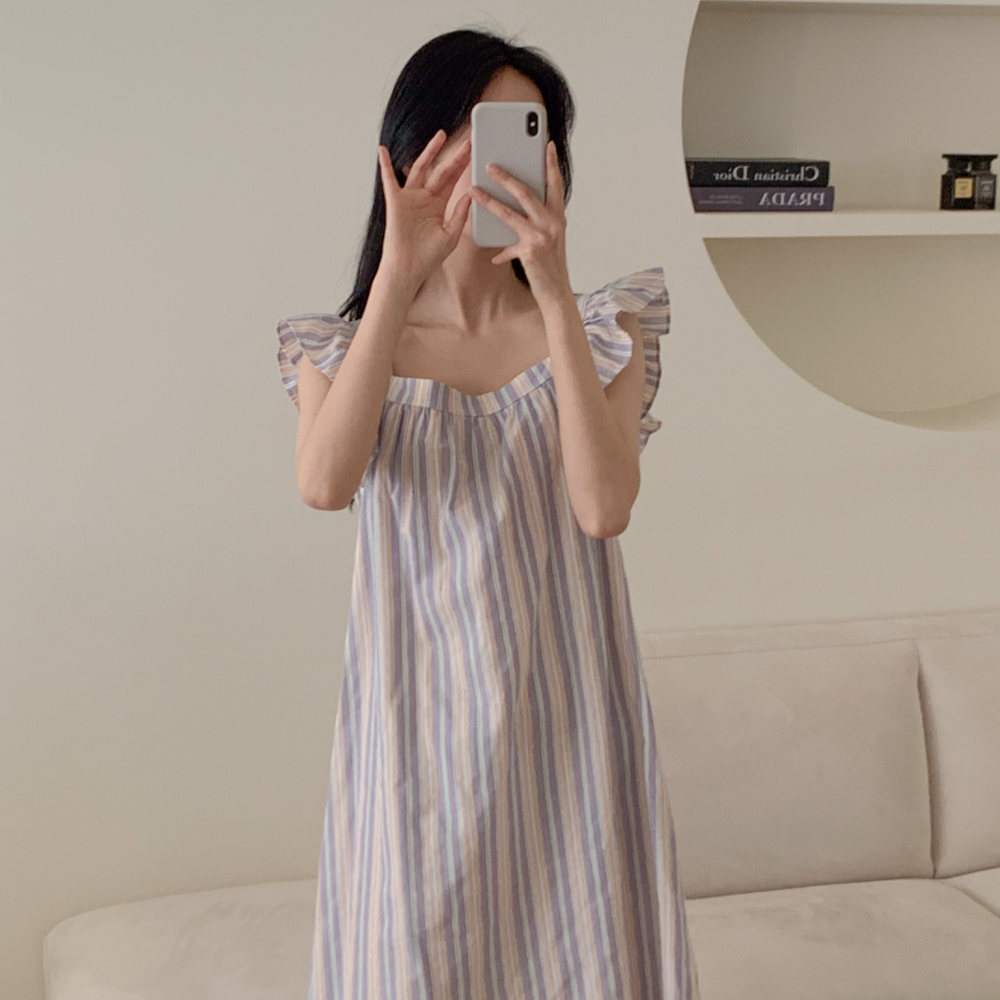 B급상품 커플파자마 여성잠옷 원피스잠옷 퍼플 스트라이프 세트 홈웨어 - 상세 이미지 4