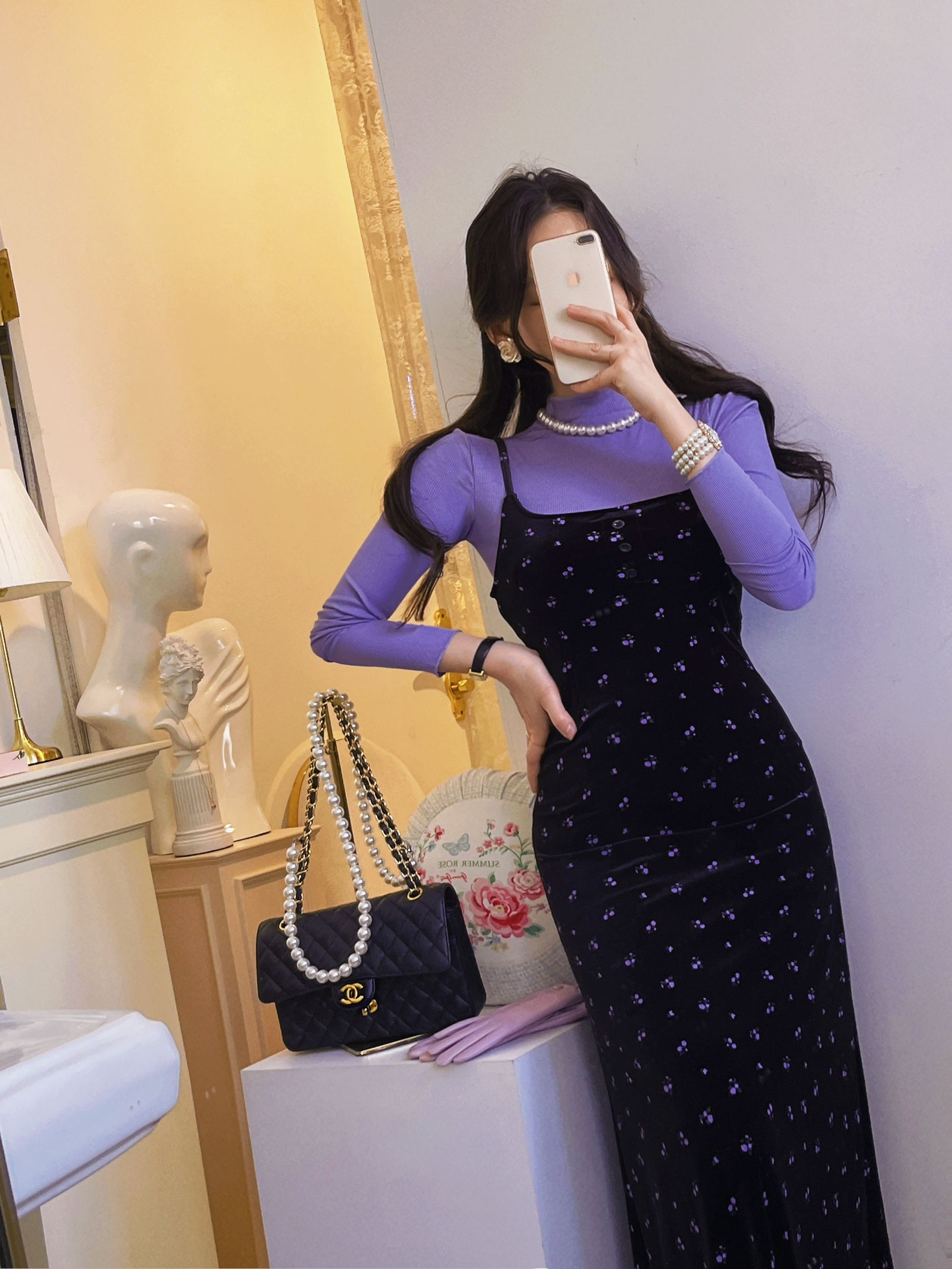 라일락 벨벳 셋업 2piece SET (롱원피스&탑/플라워,뷔스티에,투피스,세트) [비비아레이디] - 상품 이미지