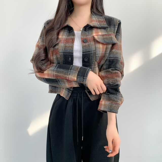 봄남방 체크 크롭 자켓 남방 셔츠 - 상세 이미지 2