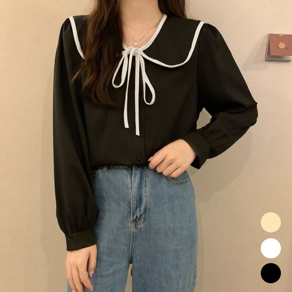 넓은 카라 라인 리본 매듭 여성스러운 예쁜 블라우스 화이트 XL    블랙 : 티커샵