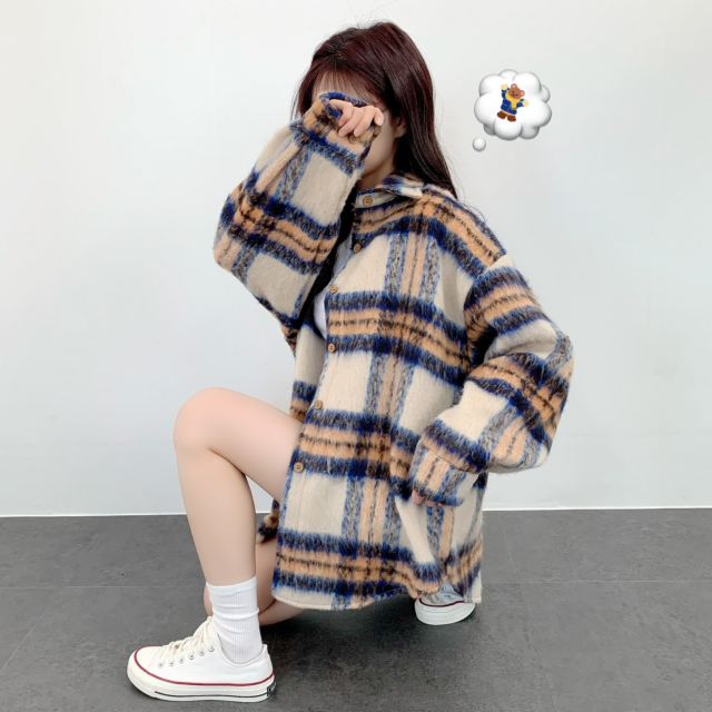 겨울 봄 도톰 오버핏 루즈핏 카라 체크 롱 긴팔 남방 가디건 상의 아우터 - 상세 이미지 2