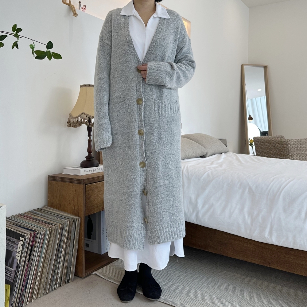 여성 빅사이즈 울니트 단추 롱가디건 도톰 루즈핏 포근한 가을 겨울 노카라 로브 니트 자켓