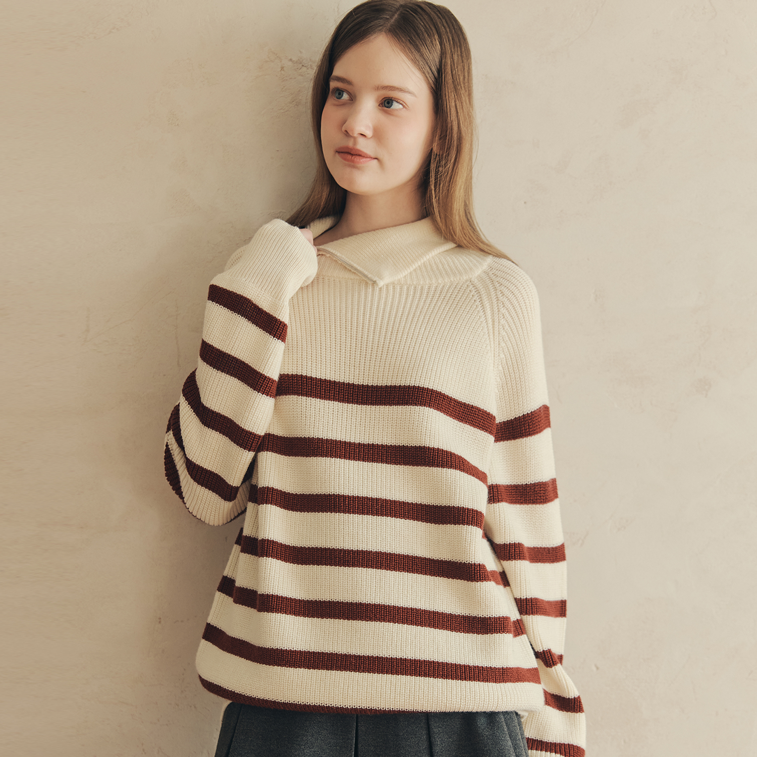 [N배송][제로스트릿]스트라이프 집업 스웨터 STRIPE ZIP-UP SWEATER / IVORY - 상세 이미지 3