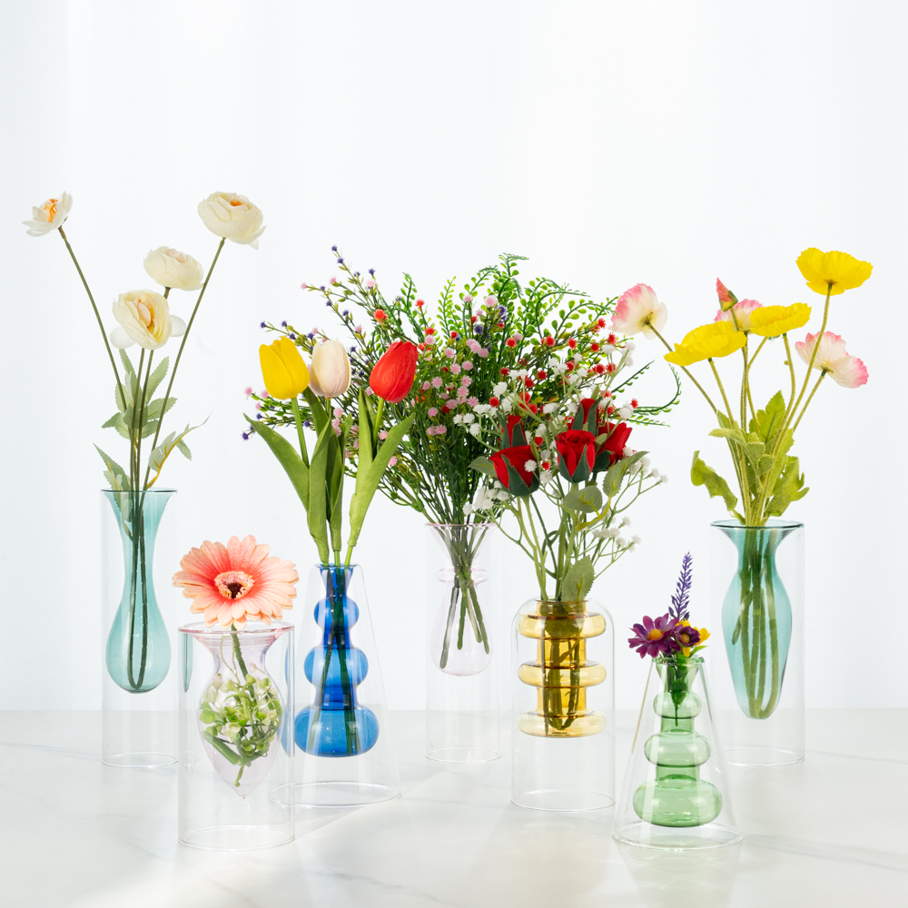 할메이드 인테리어 오브제 대형 미니 유리 꽃병 그린 3단 화병