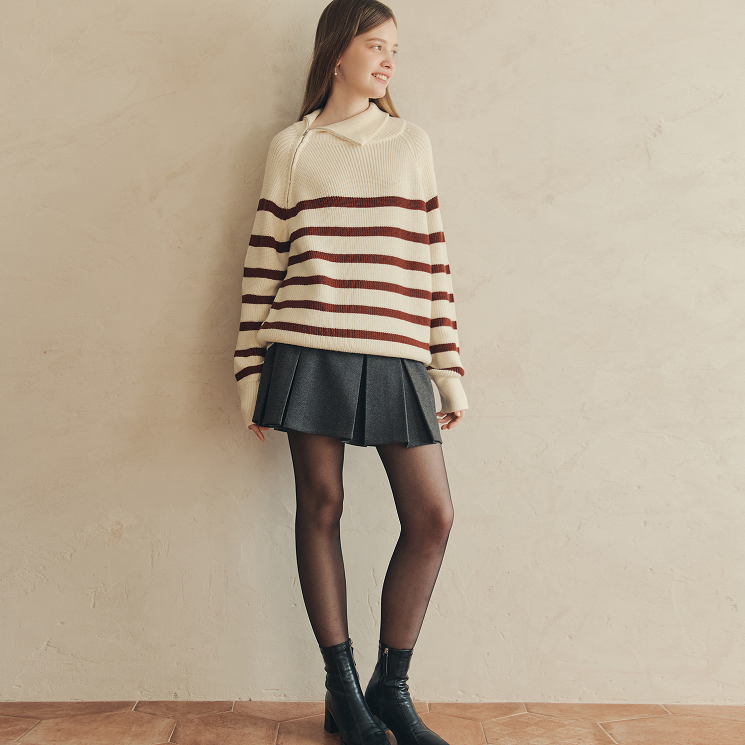 [N배송][제로스트릿]스트라이프 집업 스웨터 STRIPE ZIP-UP SWEATER / IVORY - 상세 이미지 2