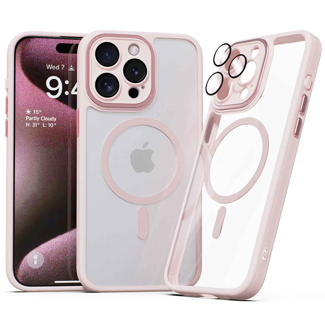 미아크 렌즈보호 풀커버 맥세이프 케이스 핑크, 아이폰15 프로 맥스