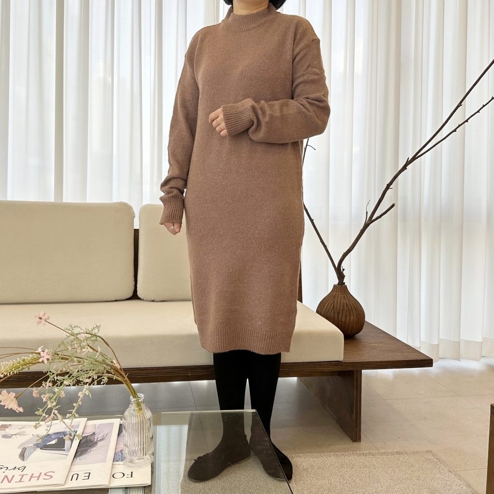 가을 겨울 반목 폴라넥 니트 카멜 롱 원피스 포근한 출근룩 모임룩 데일리 베이직 원피스 이미지 6