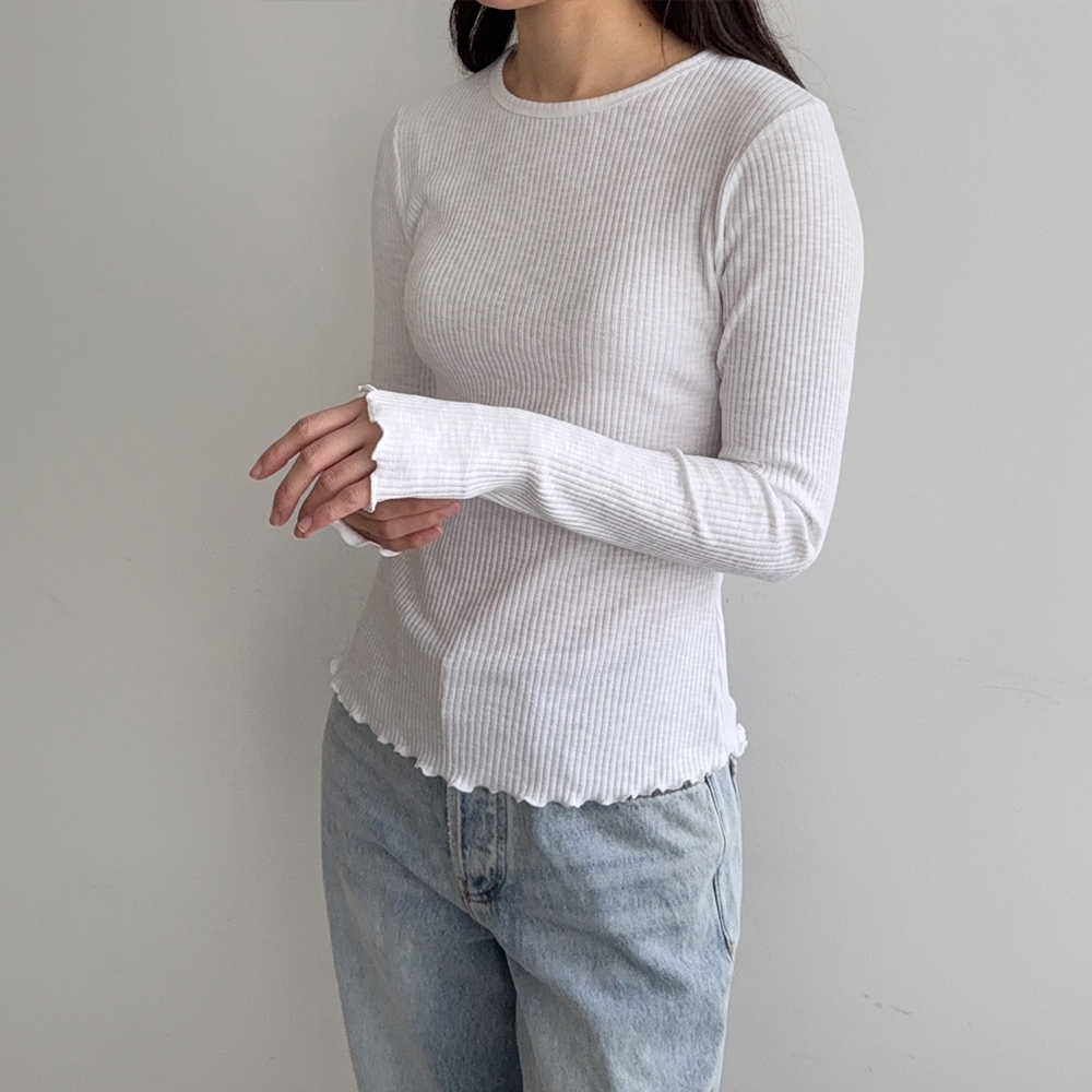 프릴 라운드 여성 골지 티셔츠 크롭 모달 긴팔티셔츠 - 상세 이미지 2