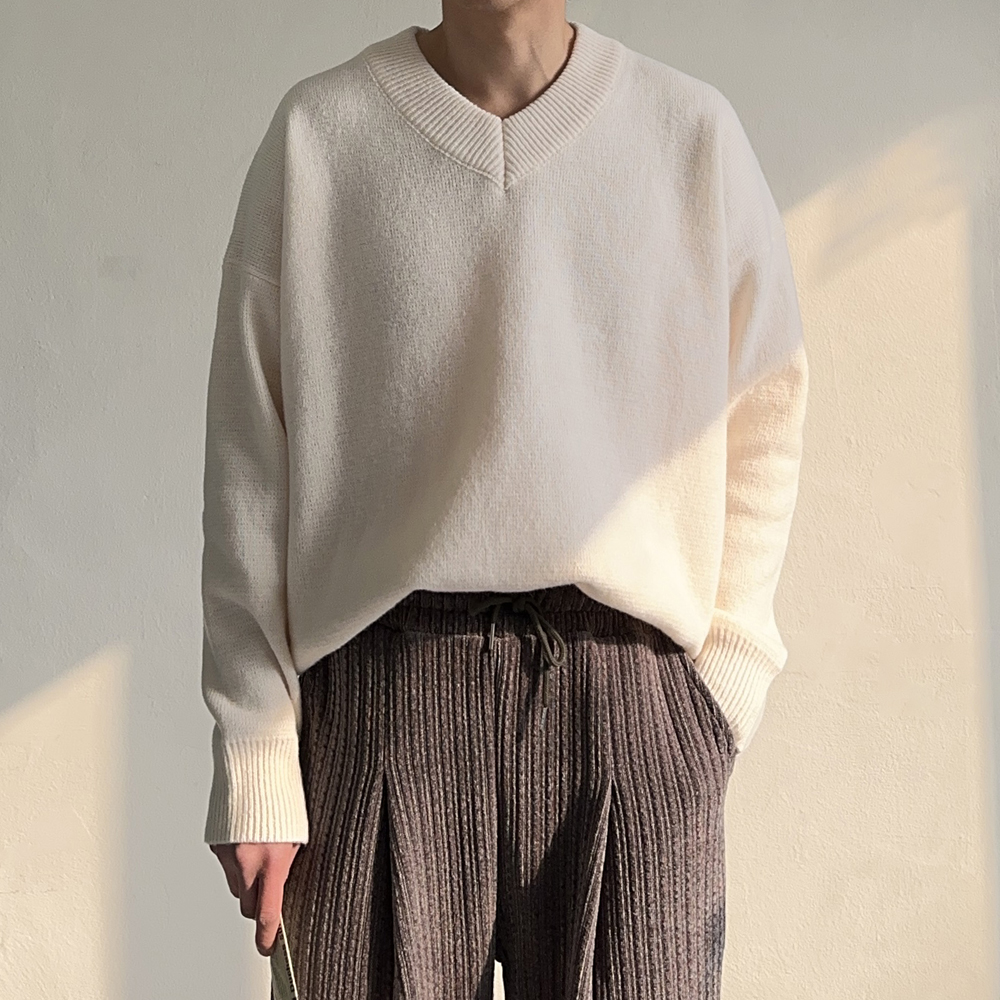 남자 니트 오버핏 브이넥 두꺼운 울 니트 남자스웨터