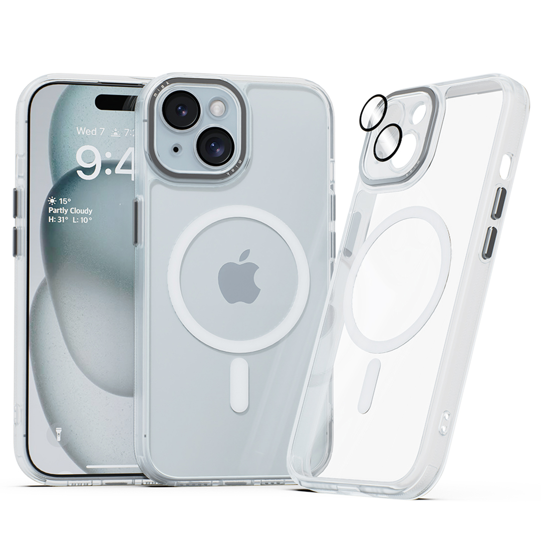 미아크 렌즈보호 풀커버 맥세이프 케이스 반투명, 아이폰15