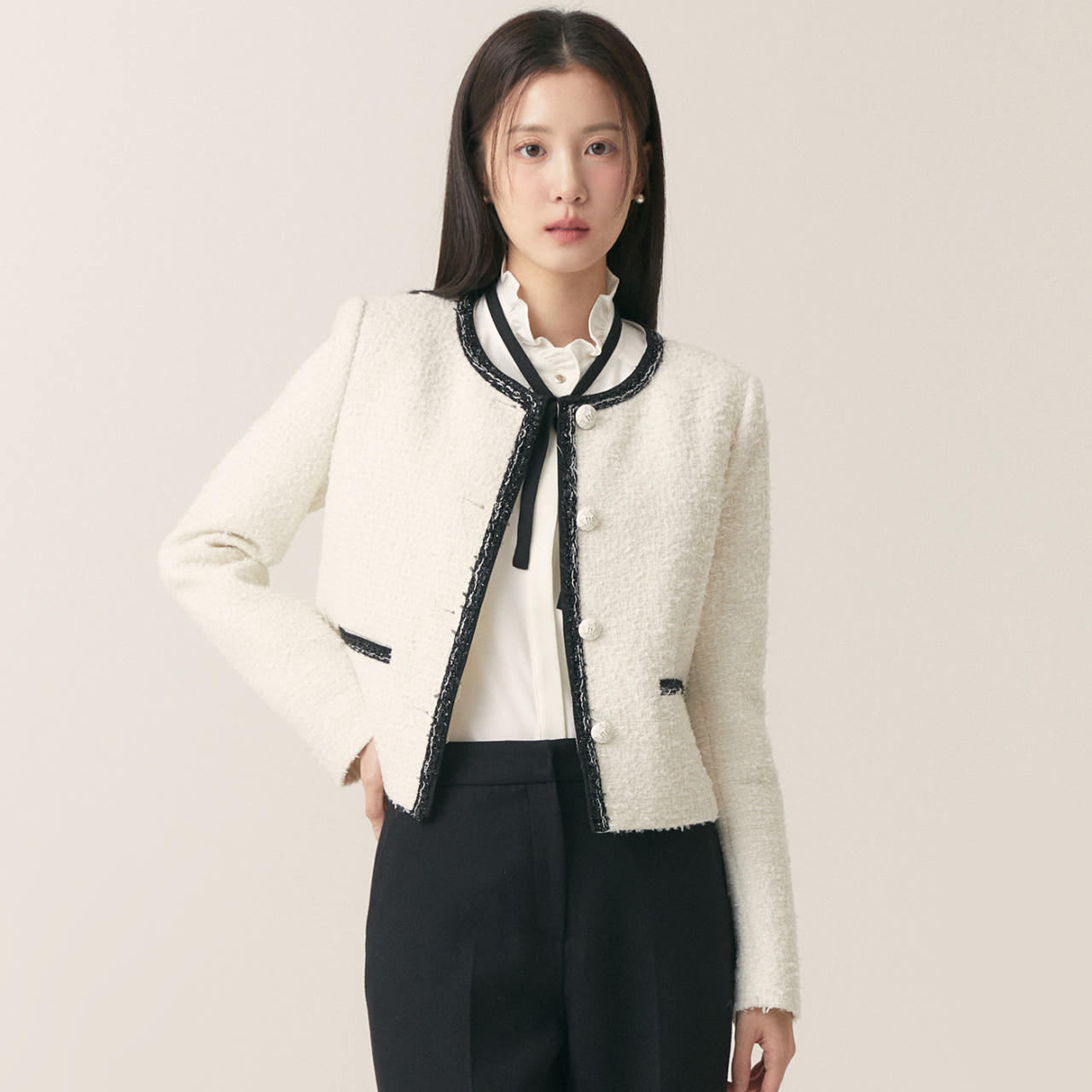 [슈퍼특가] 로엠 배색 칼라리스 트위드 자켓 RMJKF11S52