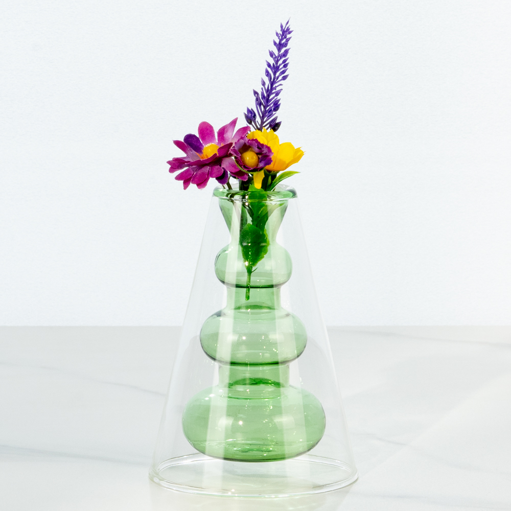 할메이드 인테리어 오브제 대형 미니 유리 꽃병 그린 3단 화병
