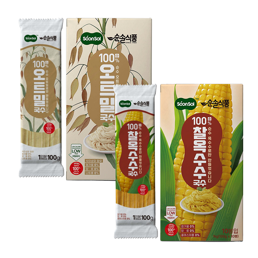 [1+1] 순솔 100% 오트밀국수 1kg + 찰옥수수국수 1kg  (100g x 10봉 x 2박스) 글루텐프리 고단백질면 제로슈가 제로당 무첨가물 곡물국수 - 상품 이미지