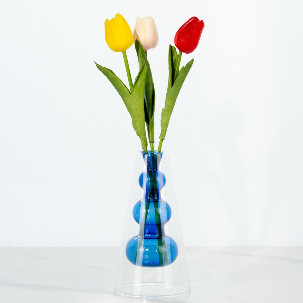 할메이드 인테리어 오브제 대형 미니 유리 꽃병 그린 3단 화병