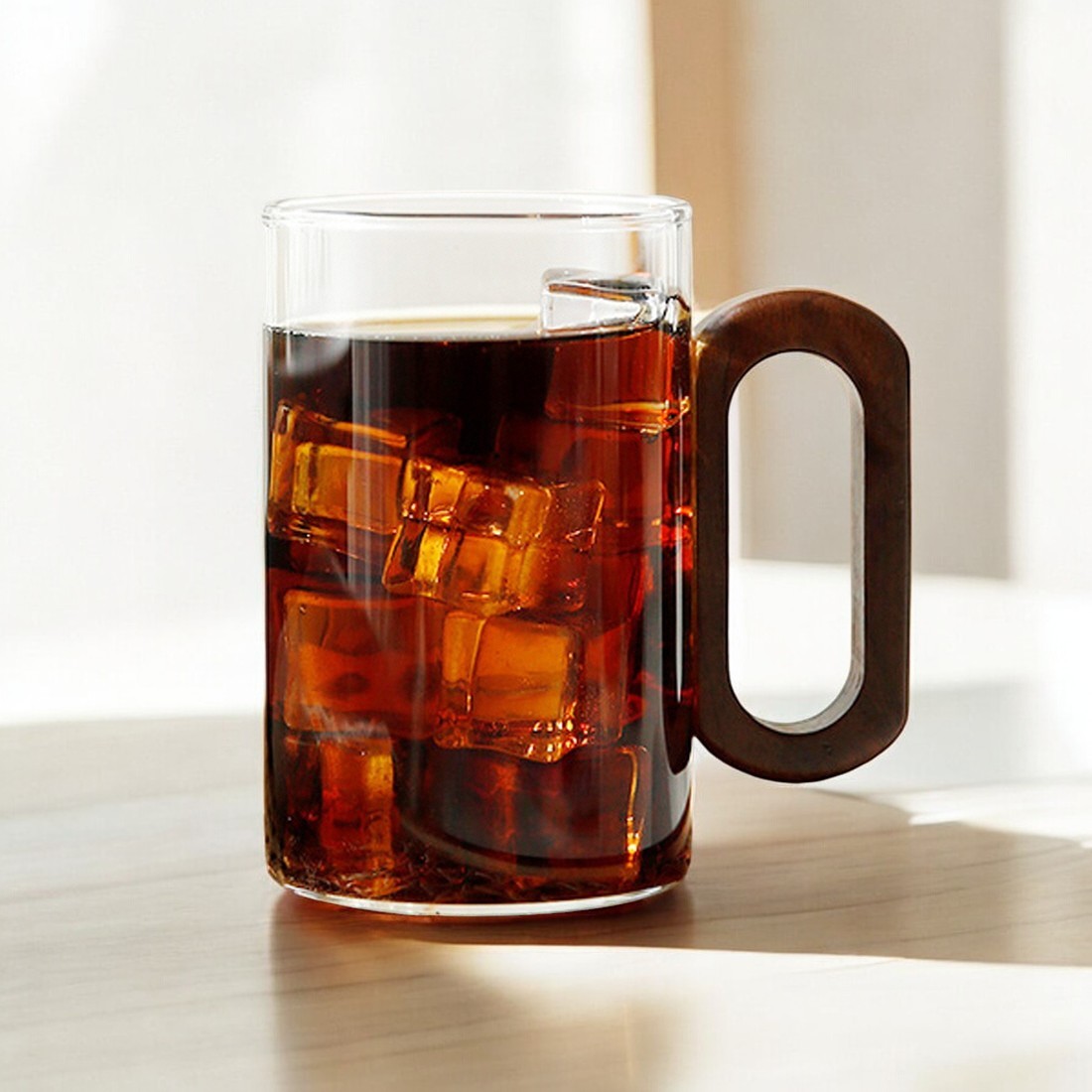 홈카페 원목손잡이 내열유리컵 아이스아메리카노 플랫화이트 냉커피잔 320ml 2잔세트