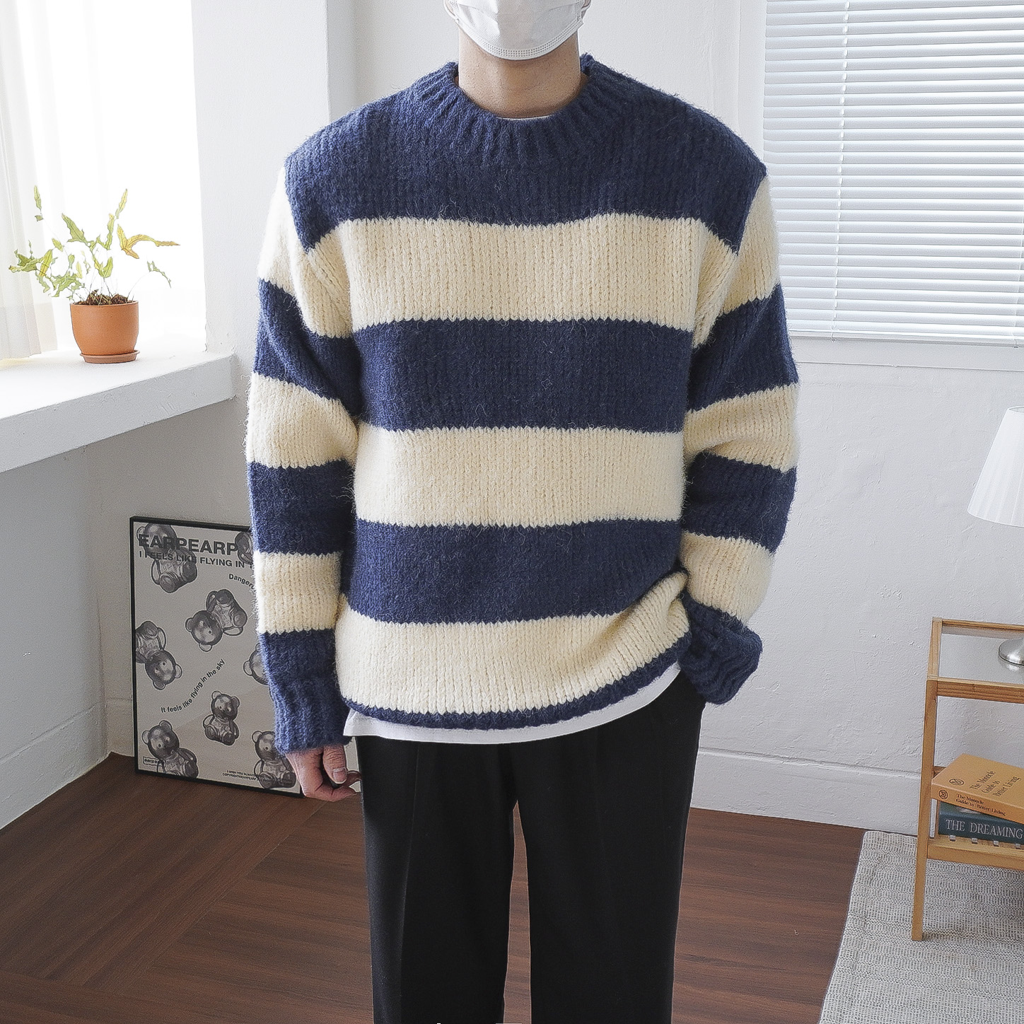 남녀공용 겨울 도톰 오버핏 울 라운드 하찌 스트라이프 단가라 니트 4color - 상세 이미지 3