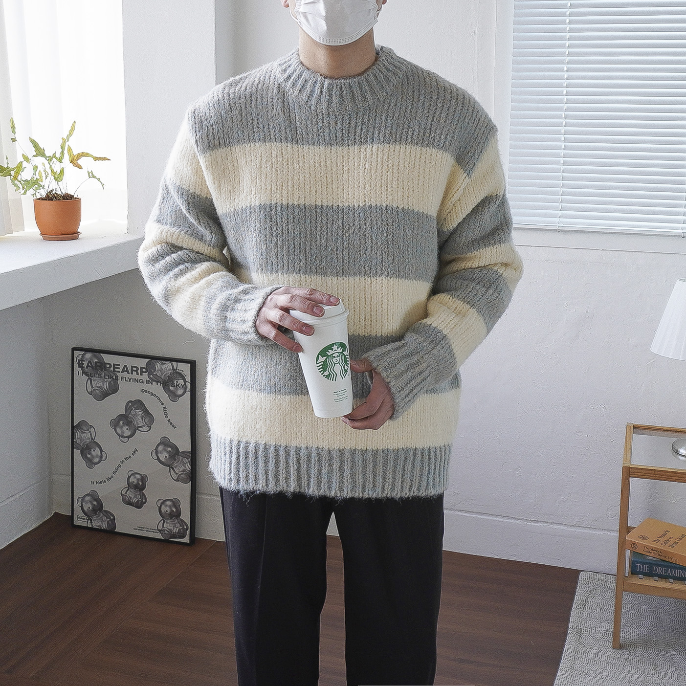 남녀공용 겨울 도톰 오버핏 울 라운드 하찌 스트라이프 단가라 니트 4color - 상세 이미지 5