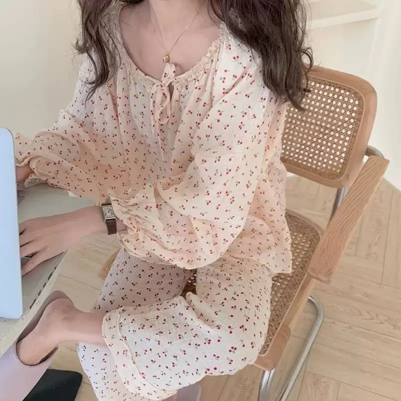 라운드넥 체리패턴 잠옷세트 상의 바지 공주풍 레이스 리본 포인트 핑크 3컬러 봄 여름 - 상세 이미지 4