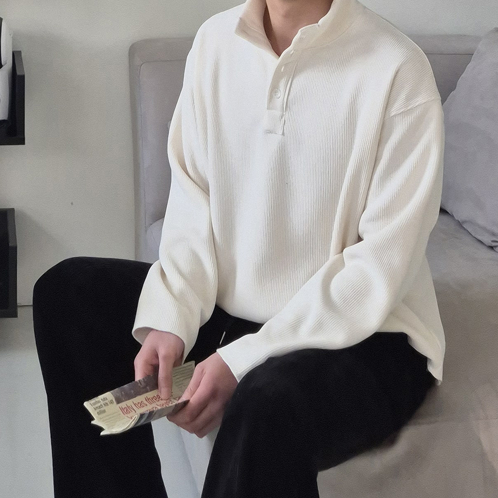남자 카라티 오버핏 헨리넥 골덴 모크넥 남자 기모 티셔츠 - 상품 이미지