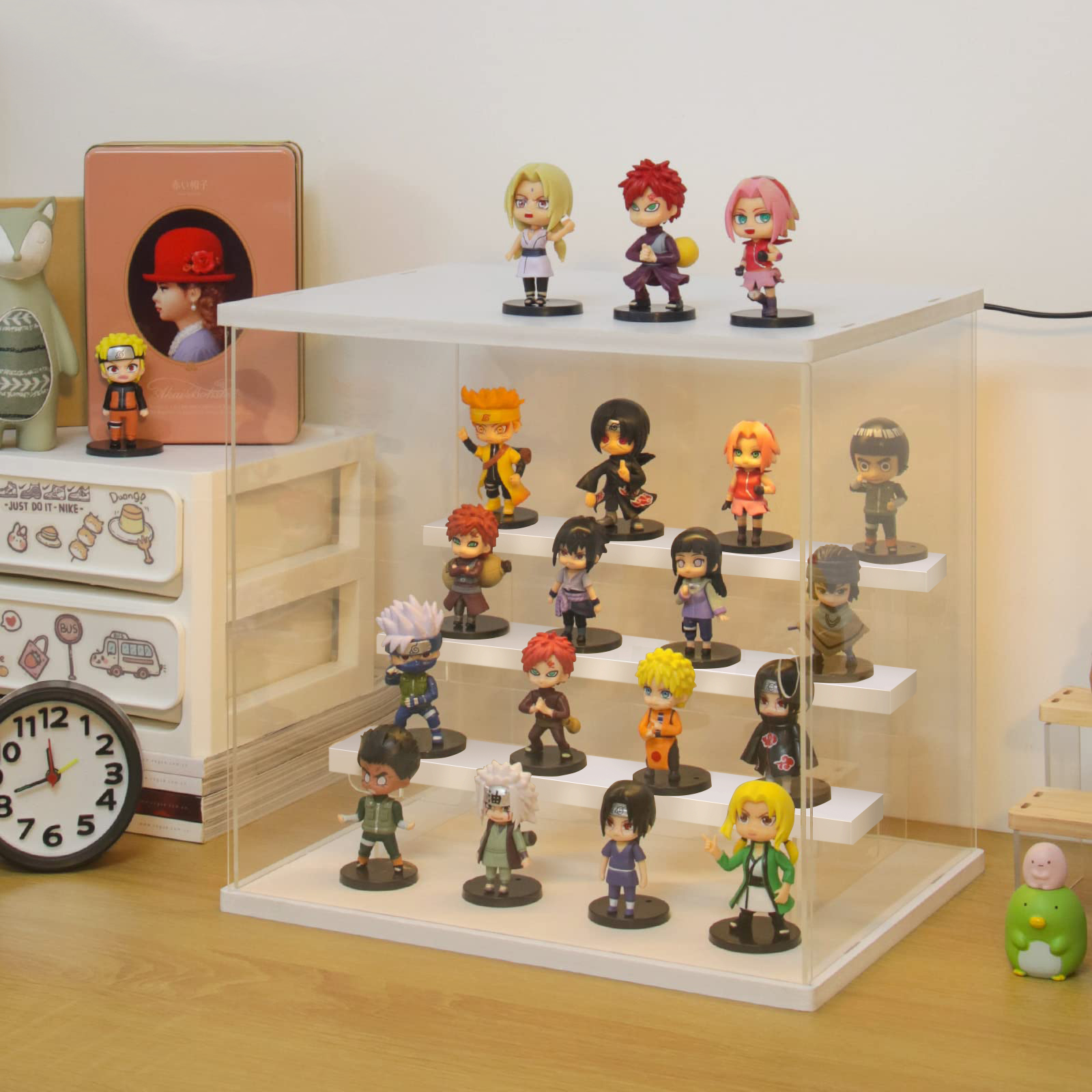 미니 피규어장식장 투명 아크릴케이스 피규어케이스 아크릴전시장 가챠 피규어상자 원목3층