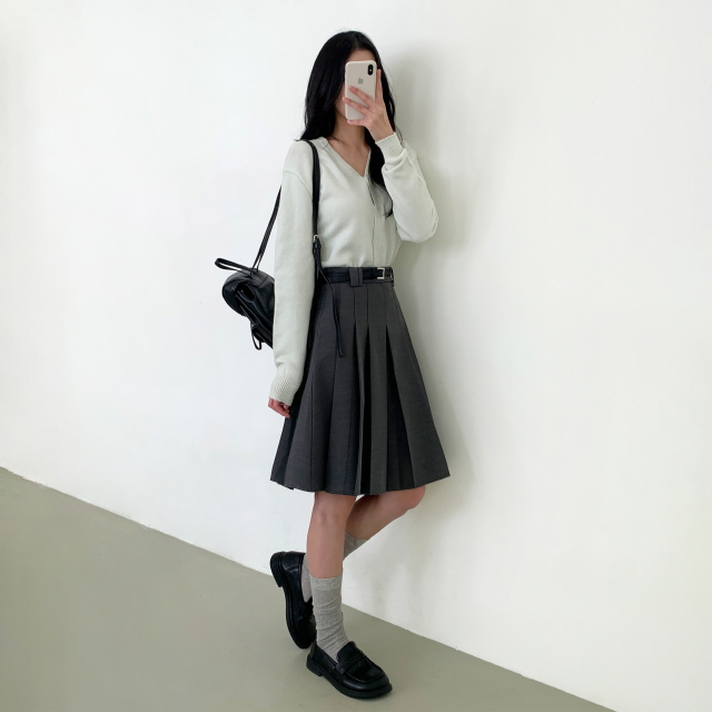 [스쿨룩🖤/벨트set] 타히티 클래식 주름 A라인 미디 핀턱 치마 하프 플리츠 스커트 상세 이미지 7