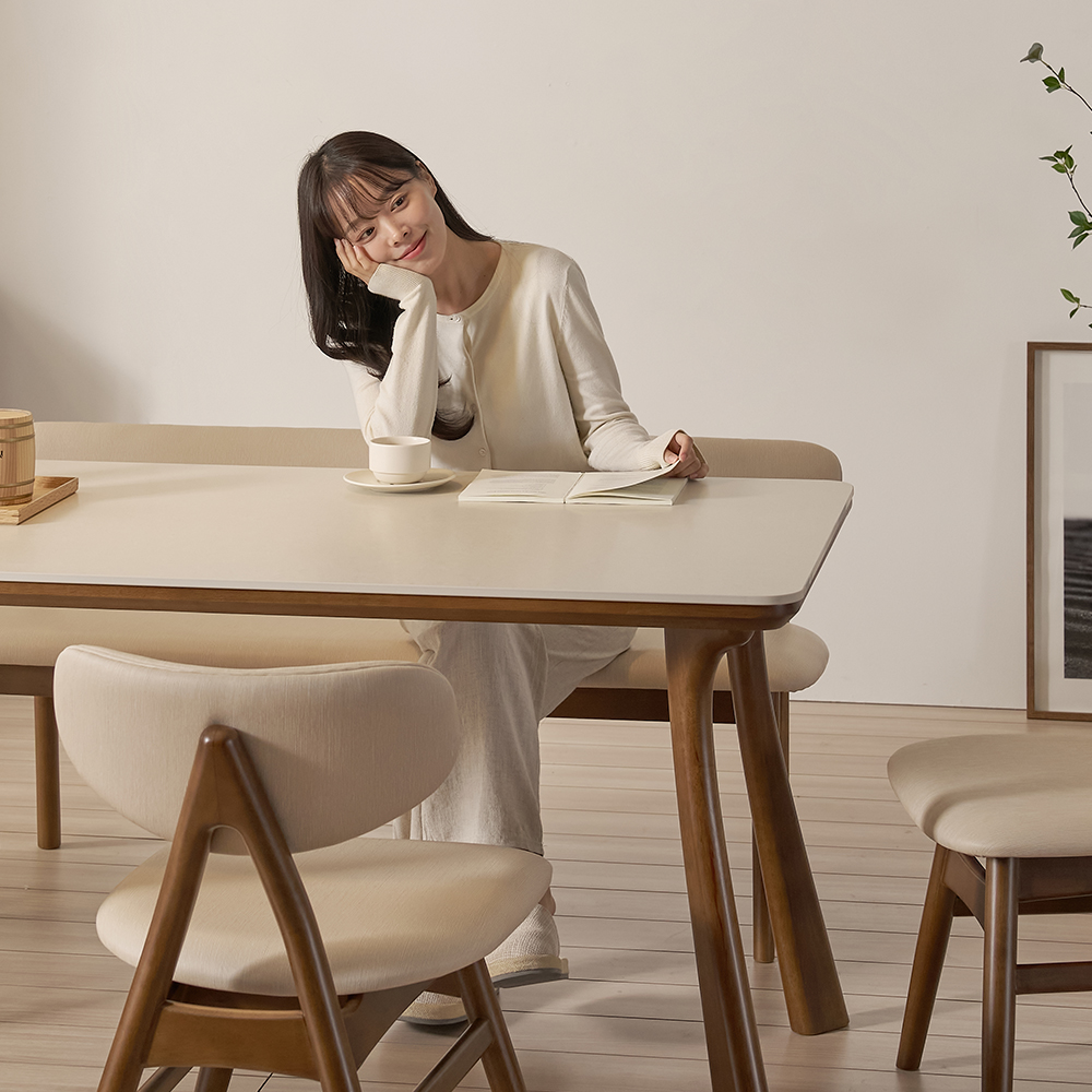 앤틀러스 4인용 원목 포세린 세라믹 식탁세트 식탁+의자2+벤치1, 1400mm, 쿠키 이미지 4