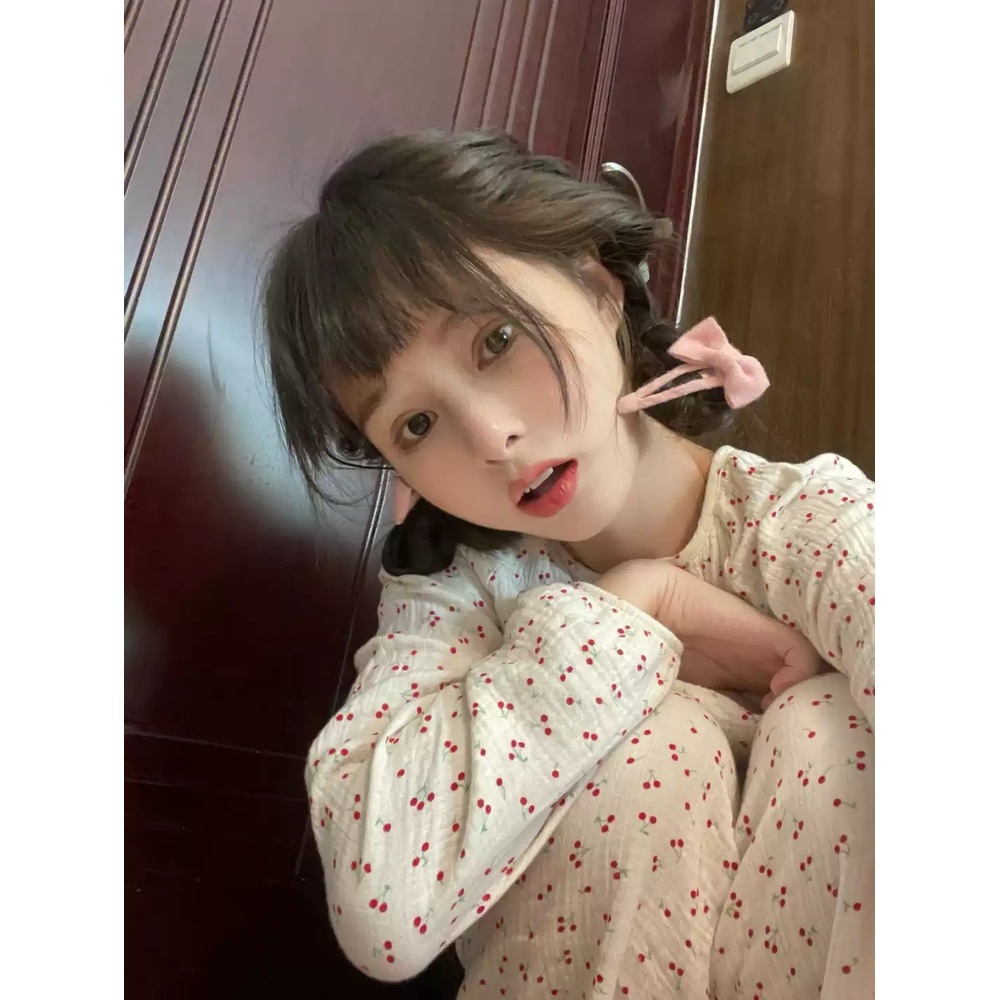 라운드넥 단추 체리잠옷세트 캐주얼 봄 가을 귀여운 긴팔 코지한 홈웨어 크림색 - 상세 이미지 3