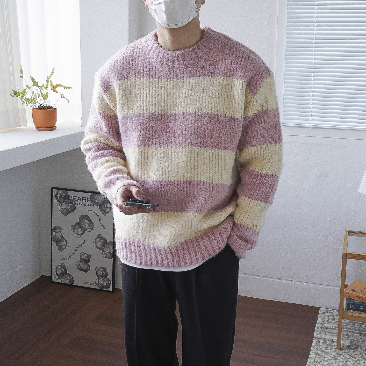 남녀공용 겨울 도톰 오버핏 울 라운드 하찌 스트라이프 단가라 니트 4color 이미지 7