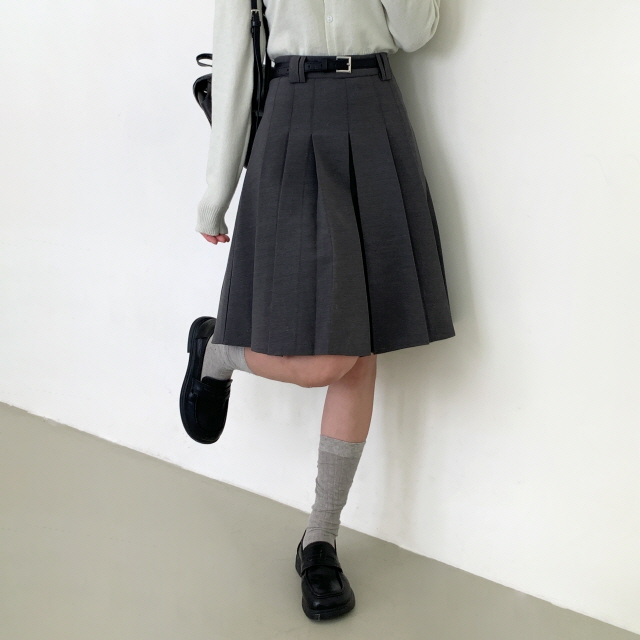 [스쿨룩🖤/벨트set] 타히티 클래식 주름 A라인 미디 핀턱 치마 하프 플리츠 스커트 상세 이미지 9