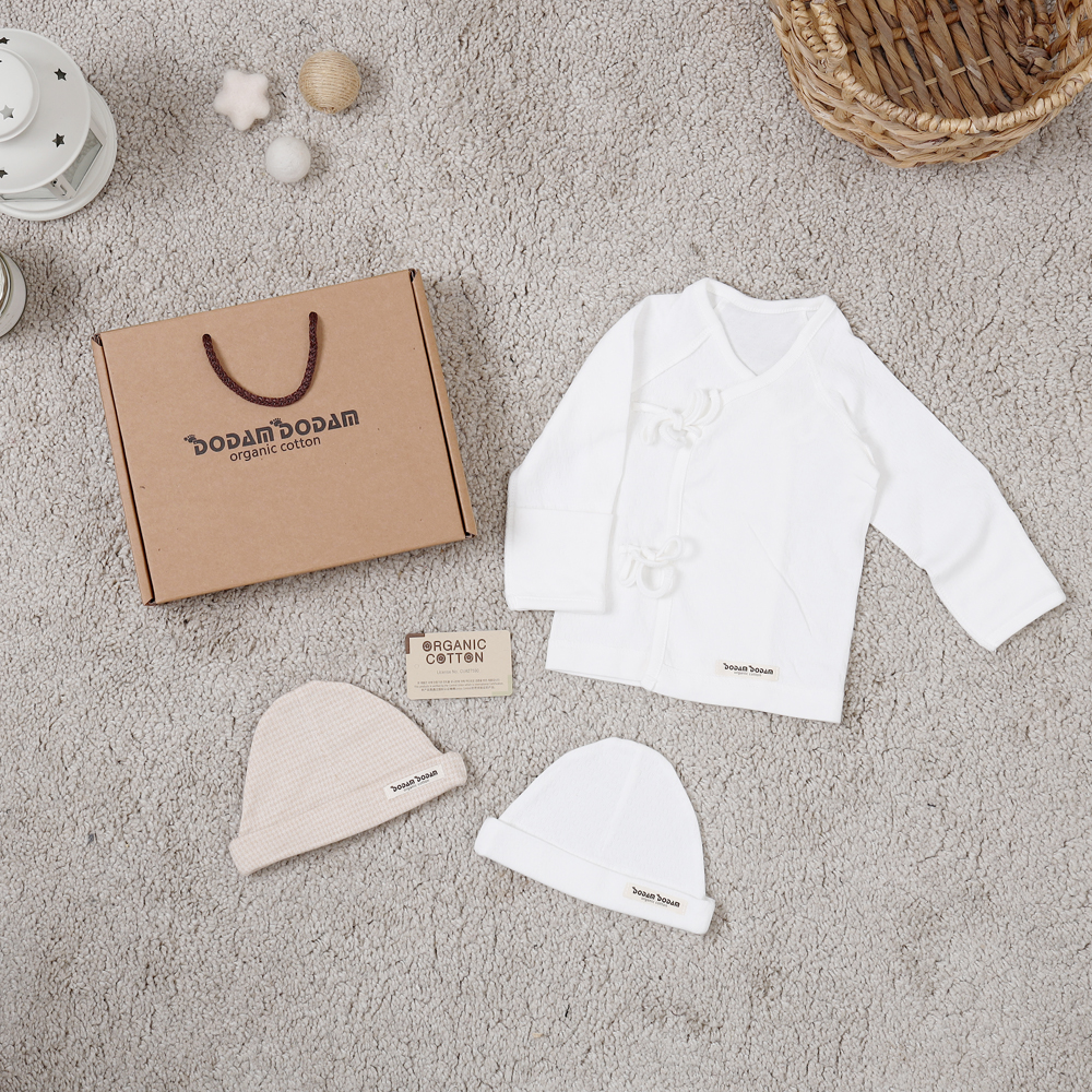 도담도담 오가닉 코튼 무형광 100% 배냇저고리 더블 모자 출산세트