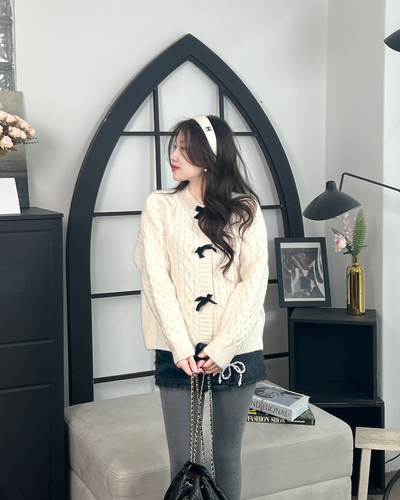 리본가디건 핑크가디건 흰색가디건 - 상세 이미지 4