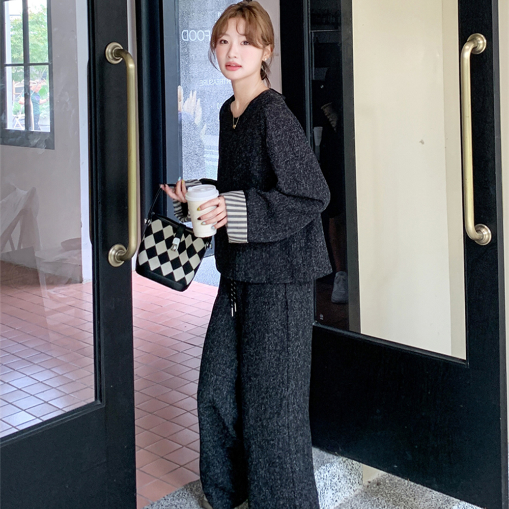 트위드 봄 라운드넥 와이드반바지 긴바지 데일리룩 투피스 - 메인 이미지