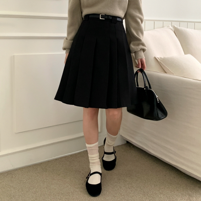 [스쿨룩🖤/벨트set] 타히티 클래식 주름 A라인 미디 핀턱 치마 하프 플리츠 스커트 상세 이미지 21