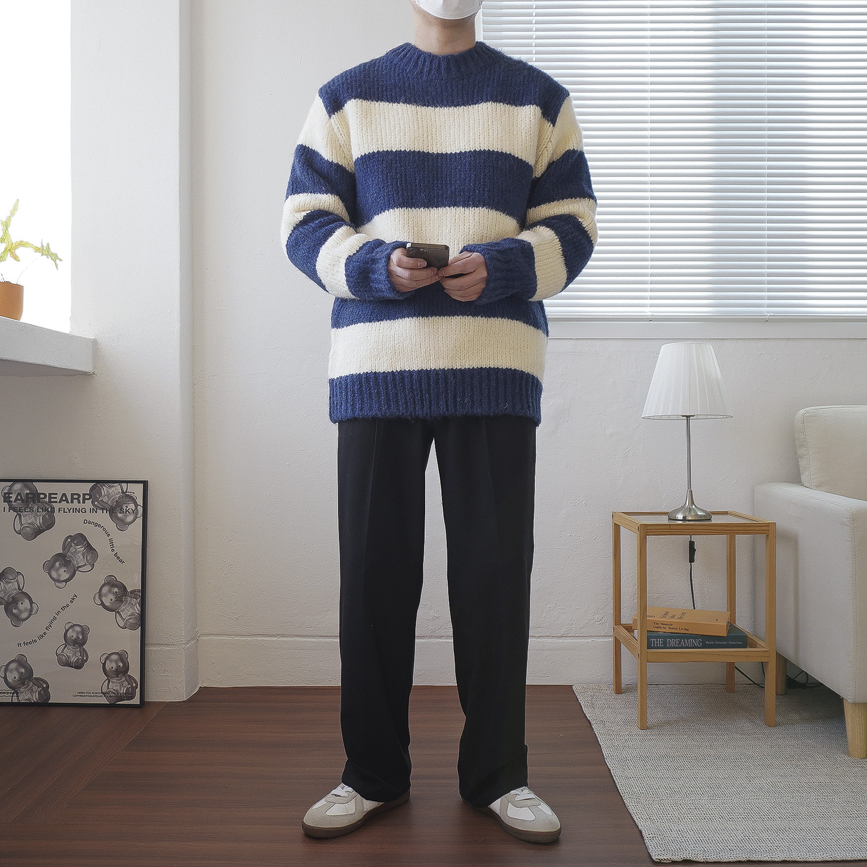 남녀공용 겨울 도톰 오버핏 울 라운드 하찌 스트라이프 단가라 니트 4color - 상세 이미지 4