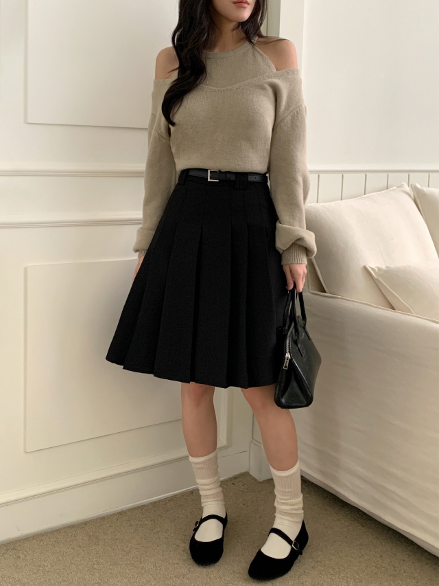 [스쿨룩🖤/벨트set] 타히티 클래식 주름 A라인 미디 핀턱 치마 하프 플리츠 스커트 상세 이미지 23