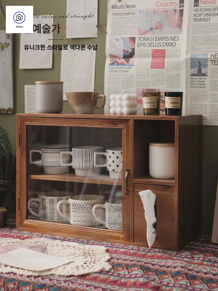 캐비닛 거실 선반장 주방 컵 수납 보관함 협탁 엔틱 우드 양념통 빈티지 서랍장 선반 정리함 - 상세 이미지 4