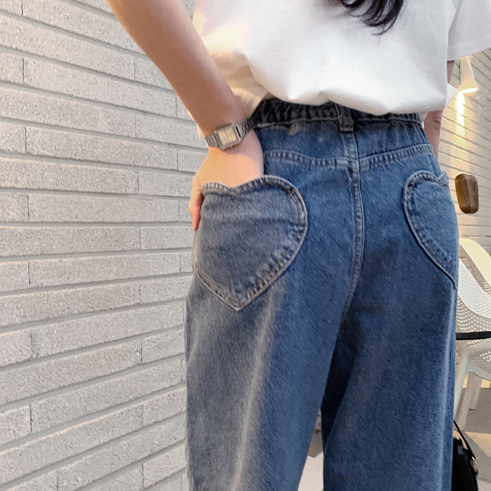 루니트 핀턱 하트 포켓 뒷밴딩 데님팬츠