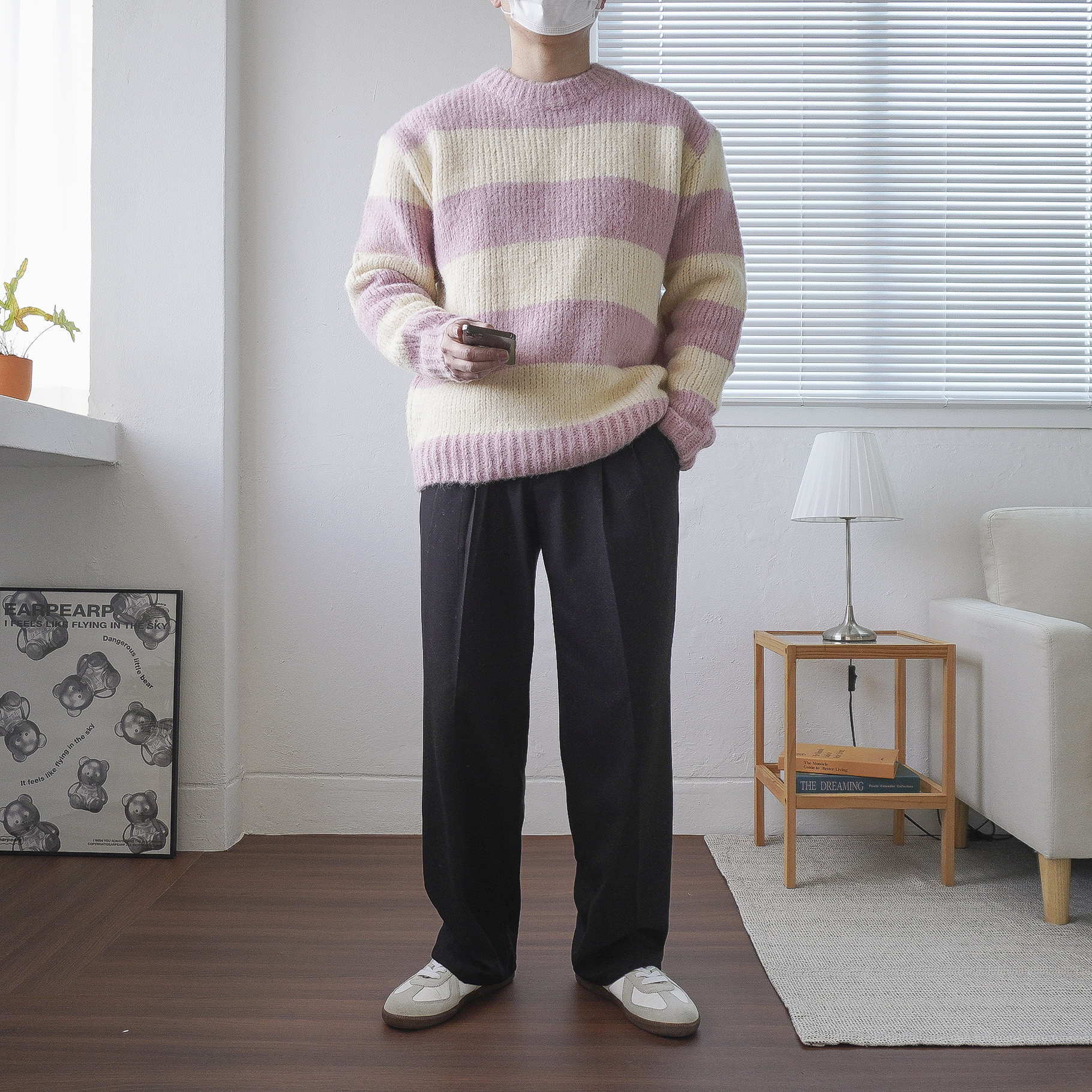 남녀공용 겨울 도톰 오버핏 울 라운드 하찌 스트라이프 단가라 니트 4color 이미지 8