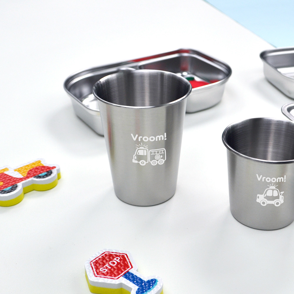 키친유 부릉부릉 스텐 304 컵 350ml 유아 물컵 양치컵 자동차 어린이집 유치원 준비물