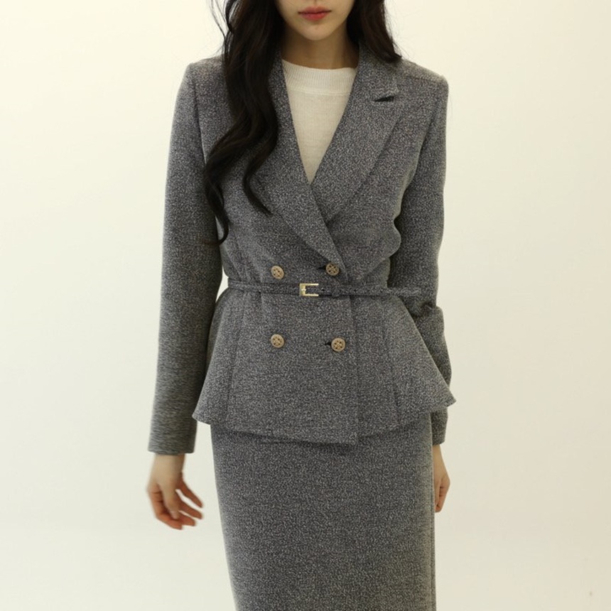 벨티드 여성 테일러드 자켓 물결 플레어 페플럼 더블 재킷 오피스룩 하객룩