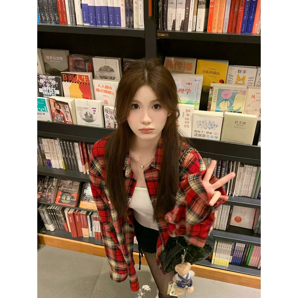 레드 체크 셔츠 남방 루즈핏 빈티지 레트로 봄 여배우 드라마 패션 심플 아이돌 공항패션 - 상세 이미지 2