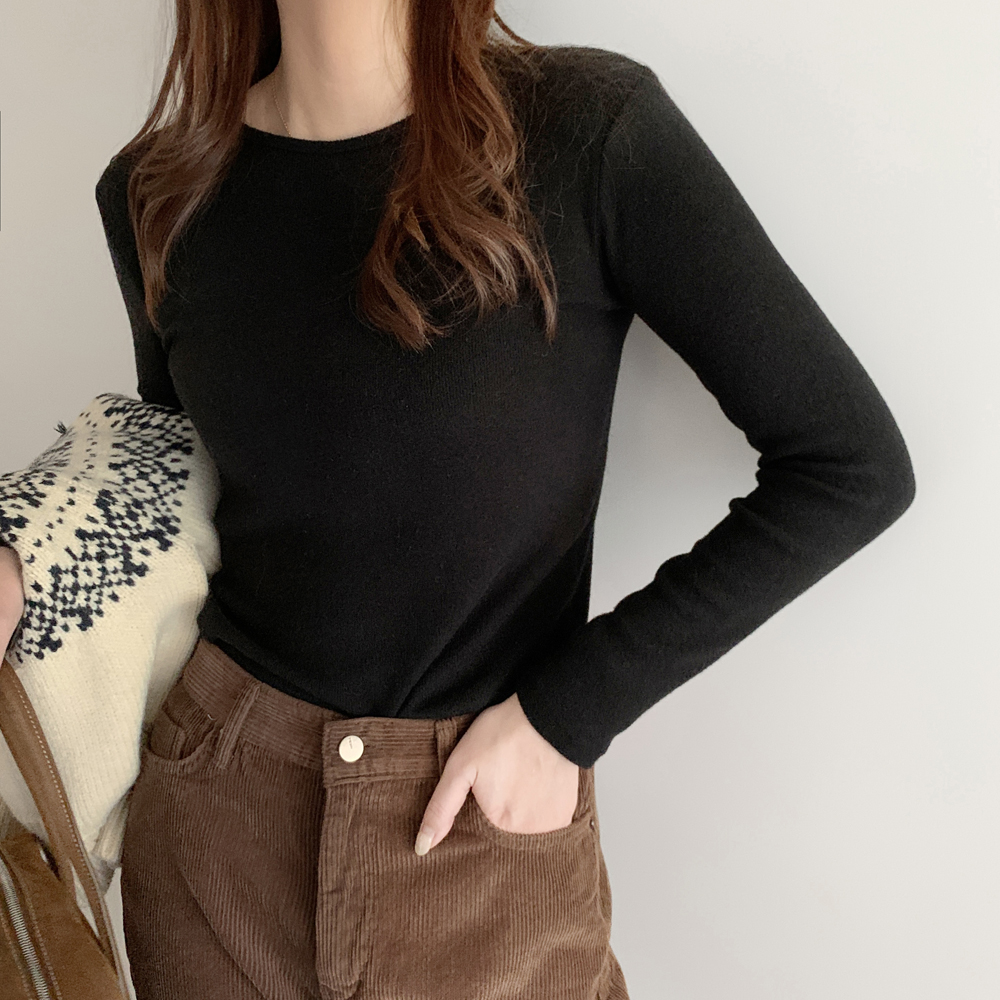 부드러운 골지 스판 여자 기모 티셔츠 겨울 여성 티셔츠 긴팔티 기본 라운드 이너 레이어드티 상세 이미지 8