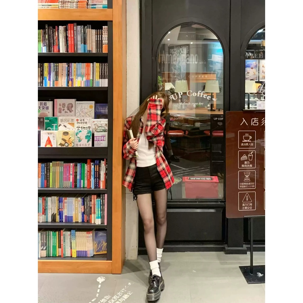 레드 체크 셔츠 남방 루즈핏 빈티지 레트로 봄 여배우 드라마 패션 심플 아이돌 공항패션 - 상세 이미지 4
