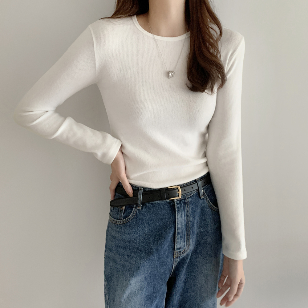 부드러운 골지 스판 여자 기모 티셔츠 겨울 여성 티셔츠 긴팔티 기본 라운드 이너 레이어드티 상세 이미지 5